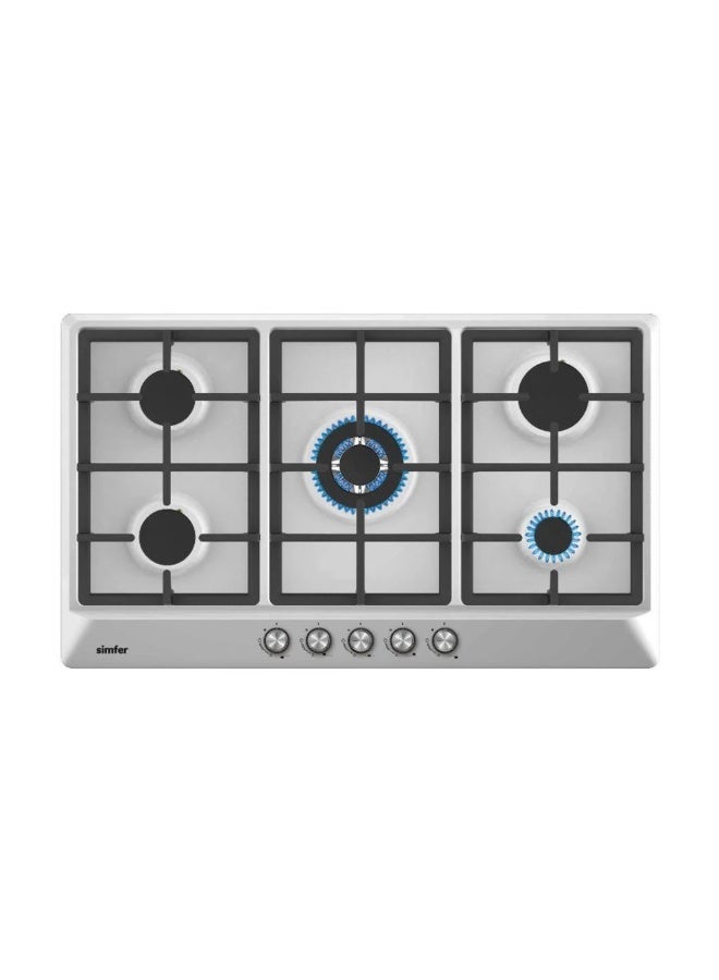 Simfer Built-In Gas Hob 90 cm Stainless Steel, 5 Sabaf Burners with Triple Ring Burner, Front Control Knobs, Cast Iron Pan Supports, Auto Ignition, Full Safety – Model BH90SG01 - Image 1